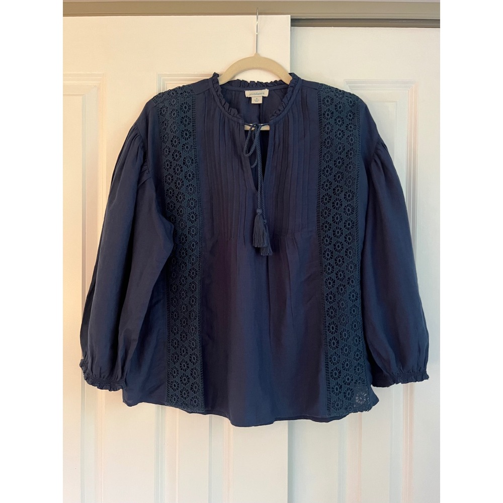 Sundance Navy Blue Linen Blend Crochet Lace Pintuck Peasant Blouse Size S